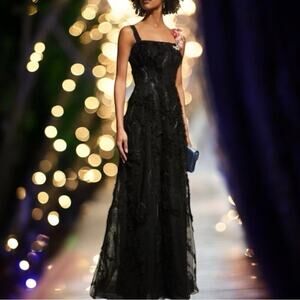 Rickie Freeman Teri Jon Sleeveless Gown Floral Applique Strap Black Size 10